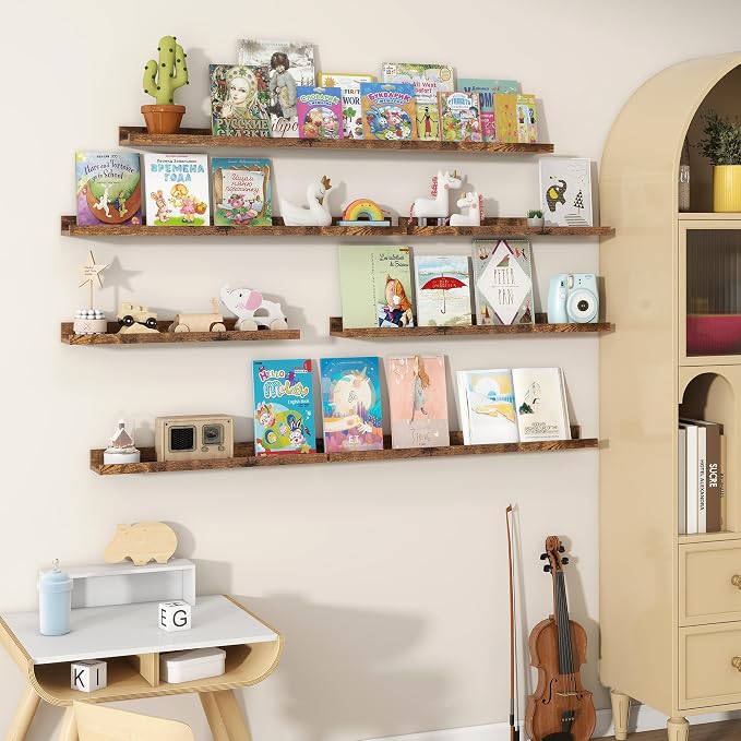 Fun Memories Picture Ledge Shelves Set of 2, 24 Inch Rustic Wall Mounted Floating Shelves with Lip for Home Storage and Décor in Bathroom, Kitchen, Nursery, Bedroom, Living Room, Brown