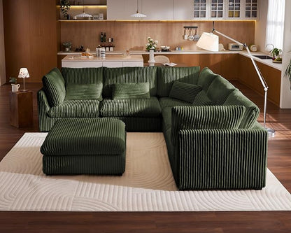 115" Oversized Corduroy Couch Modular Sectional Sofa, Washable Cloud Couch Sectional with Ottoman, 6 Seater Sectional Couches for Living Room, Fully Cover Removable, V Shaped & Corner, Corduroy, Green
