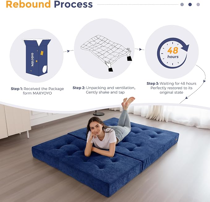 MAXYOYO 6" Folding Sofa Bed for Floor, Tufted Tri-Fold Floor Mattress with Chenille Fabric, Queen Size Portable Sofa Couch Guest Mat for Adults, Foldable Topper for Camping, Navy, 59"x78.7"