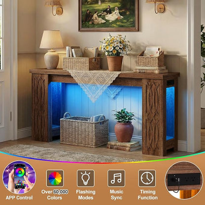Cyclysio 63" Console Table with Outlet, Farmhouse Entryway Table with Colorful LED Lights, Wooden Sofa Table with Unique Carved Design, Foyer Accent Table for Entrance, Hallway, Living Room