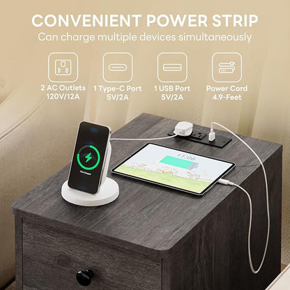 LIKIMIO Nightstand with Charging Station, Narrow Bedside Table with 3 Drawers, End Table with USB Ports and Outlets, Side Table for Living Room/Bedroom Modern, Charcoal Grey