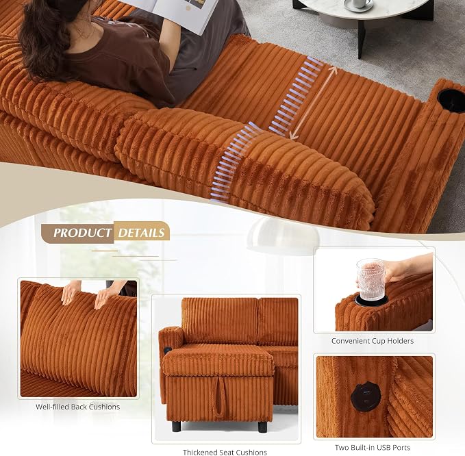 110" Corduroy U-Shape Sofa Bed with Adjustable Backrests, Upholstered Pull Out Sofa Bed with USB Ports, Convertible Sectional Sleeper Couch with Storage Chaise for Living Room, House, Orange