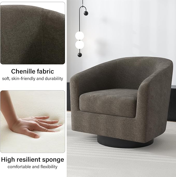 Swivel Barrel Accent Chair, Modern Round Chenille Fabric Arm Chair for Living Room, Bedroom, Comfy Club Reading Chairs for Adults（Chenille Fabric, Tan, Set of 1