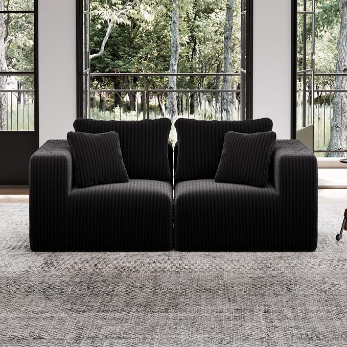 Avenco 71” 2-Seater Modular Loveseat Sofa Couch, Individually Wrapped Coil Support & Corduroy Fabric, Zero Assembly 2-Piece Set for Small Space, Black