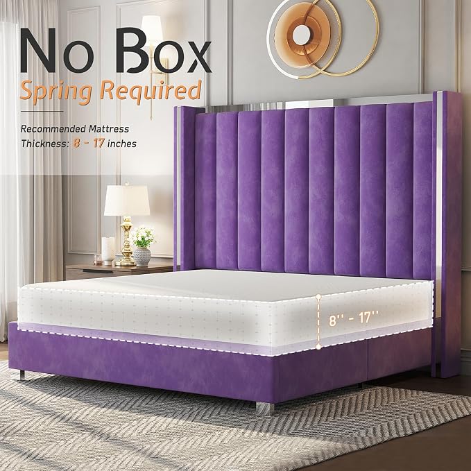 Jocisland King Size Bed Frame with 58" Tall Headboard, Velvet Upholstered Platform Bed with Channel Tufted Wingback Headboard and Plating Trim, No Box Spring Needed, Purple