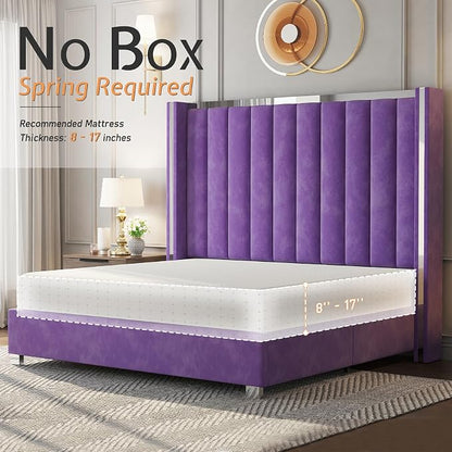 Jocisland King Size Bed Frame with 58" Tall Headboard, Velvet Upholstered Platform Bed with Channel Tufted Wingback Headboard and Plating Trim, No Box Spring Needed, Purple