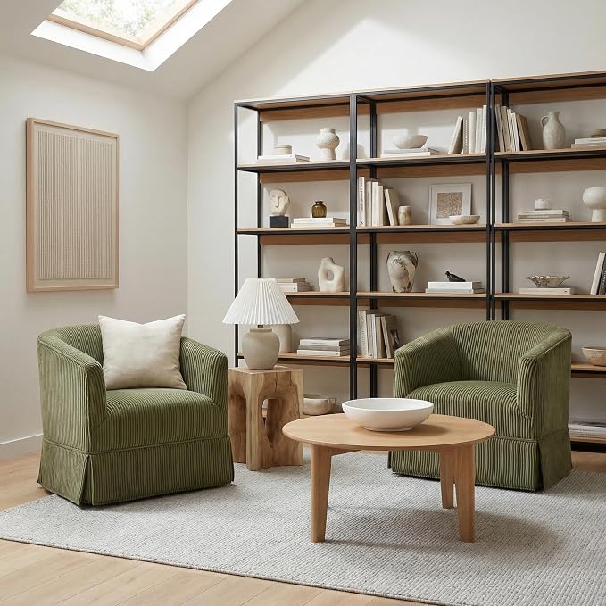 Swivel Accent Chair for Living Room, 360° Upholstered Barrel Swivel Chairs with Skirted Base, Modern Linen Armchairs for Bedroom, Reading Nook, Small Space, Corduroy Green