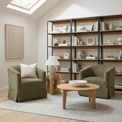 Swivel Accent Chair for Living Room, 360° Upholstered Barrel Swivel Chairs with Skirted Base, Modern Linen Armchairs for Bedroom, Reading Nook, Small Space, Corduroy Green