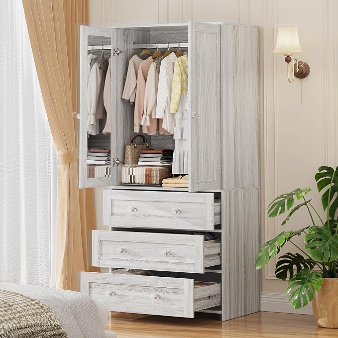 VOWNER Armoire Wardrobe Closet with Drawers and Mirror, 71" Clothing Storage Cabinet with Hanging Rod, 2 Doors Wooden Wardrobe Cabinet for Bedroom, Large Capacity Storage