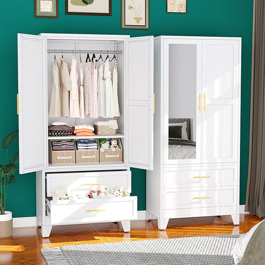 erosoei Metal Armoire Wardrobe Closet, 71 "Metal Clothing Storage Cabinet with Mirror and Adjustable Shelves, Household Steel Wardrobe Storage Cabinet with 2 Drawers and Hanging Rod(Armoire-White)