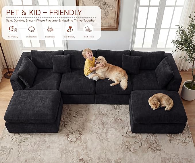 GRUSIGN 141'' Oversized Boneless Cloud Couch for Living Room, Modern Big Sectional Compressed U Shape Couch with 2 Ottoman, Comfy Chenille Deep Seat Memory Foam Spineless 6 Seater Sofa,Black