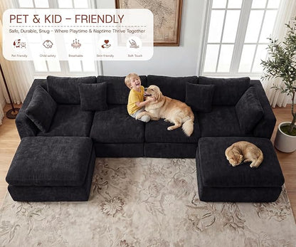 GRUSIGN 141'' Oversized Boneless Cloud Couch for Living Room, Modern Big Sectional Compressed U Shape Couch with 2 Ottoman, Comfy Chenille Deep Seat Memory Foam Spineless 6 Seater Sofa,Black