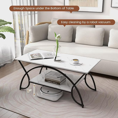 Giantex 2-Tier Rectangular Coffee Table, Faux Marble Table with Open Storage Shelf, Black Finished Metal Frame, Modern Center Table for Living Room, Reception Room (White+Black)