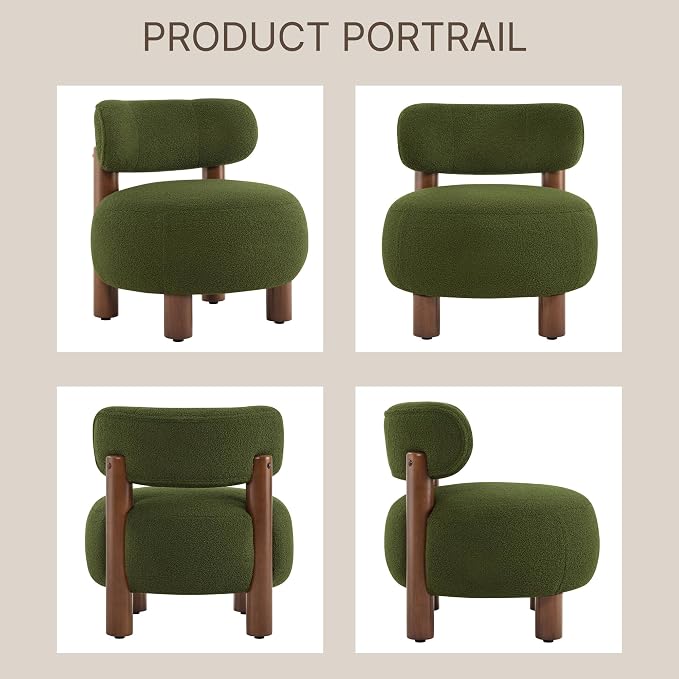 Modern Boucle Accent Chair, with Plush Faux Sherpa Upholstery, Curved Backrest, Solid Wood Legs for Living Room Bedroom Reading Nook, 27.5", Green