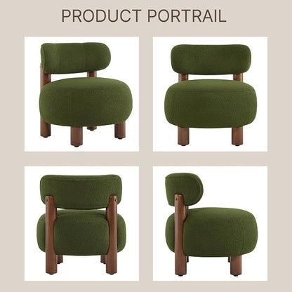Modern Boucle Accent Chair, with Plush Faux Sherpa Upholstery, Curved Backrest, Solid Wood Legs for Living Room Bedroom Reading Nook, 27.5", Green