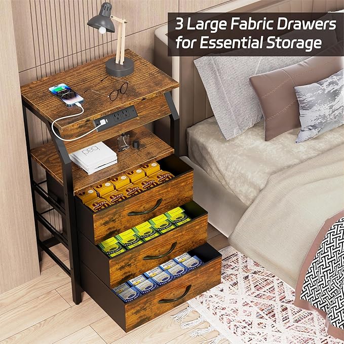 SZLHANJZ End Table with Charging Station, Nightstand with LED Lights and 3 Drawers, Small Night Stand with Fabric Storage, Retro Side Table for Bedside, Living Room Dorm, Rustic Brown