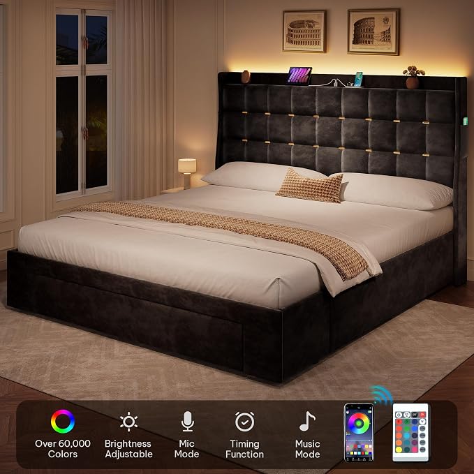 YITAHOME Queen Size Bed Frame with 3 Storage Drawers and RGB LED Lights, Velvet Upholstered Bed with Charging Station and Storage Headboard, No Box Spring Needed, Easy Assembly, Noise-Free, Black