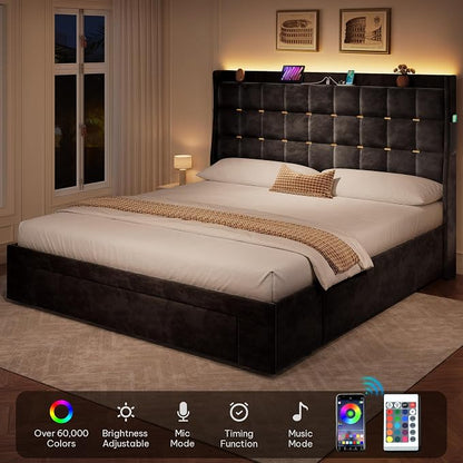 YITAHOME Queen Size Bed Frame with 3 Storage Drawers and RGB LED Lights, Velvet Upholstered Bed with Charging Station and Storage Headboard, No Box Spring Needed, Easy Assembly, Noise-Free, Black