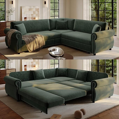 88.2" Sectional Sleeper Sofa with Pull Out Bed - Oversize L-Shaped Convertible Sleeper Couch Bed, Button Tufted Chesterfield Sofa, Chenille Vintage Couches for Living Room/Apartment(4-Seater, Green) | Pull Out couch Bed