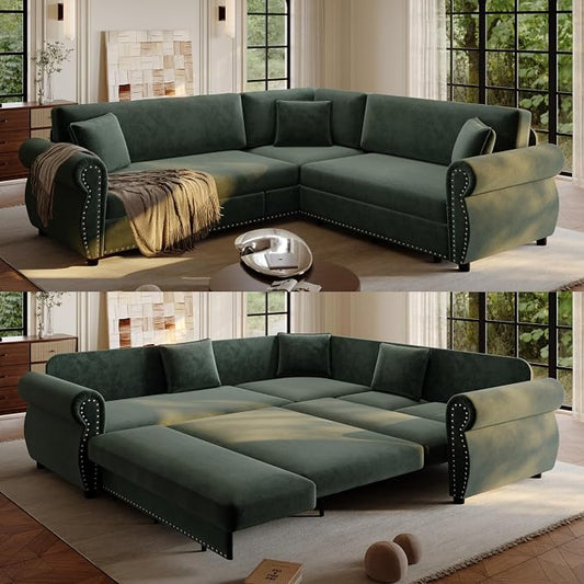 88.2" Sectional Sleeper Sofa with Pull Out Bed - Oversize L-Shaped Convertible Sleeper Couch Bed, Button Tufted Chesterfield Sofa, Chenille Vintage Couches for Living Room/Apartment(4-Seater, Green) | Pull Out couch Bed