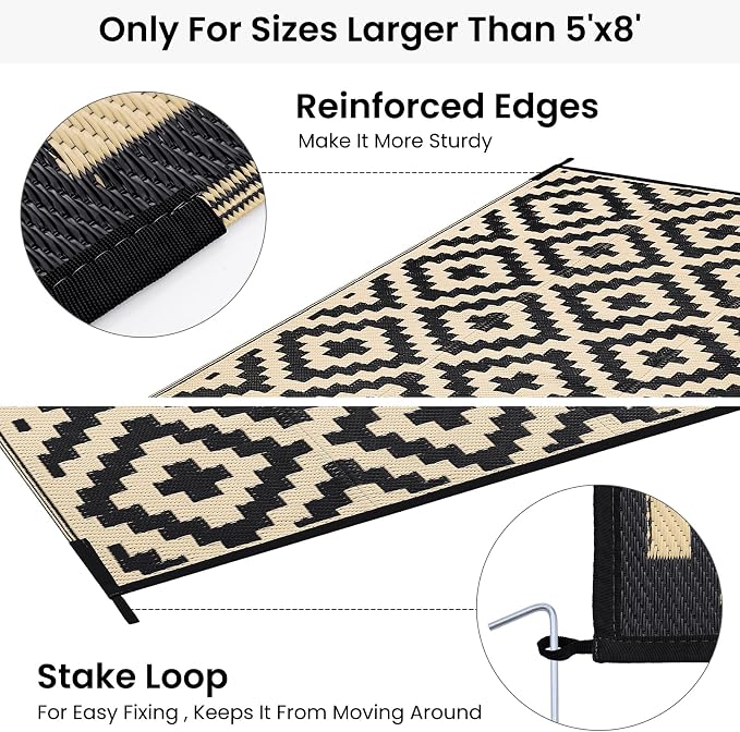 Smiry Waterproof Outdoor Rug 9X18 ft, Reversible Plastic Straw Patio Camping Rugs, Outdoor Indoor RV Mat Carpet for Patio, Outside Entry, Backyard, Deck, Bench, Picnic, Camper, Black & Beige