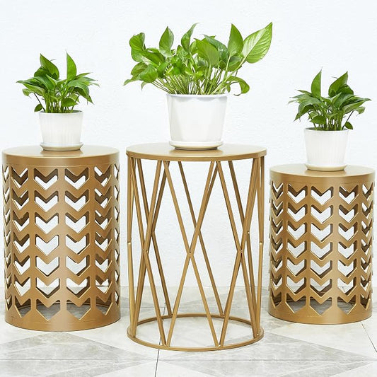 Nesting Side Table Set of 3 Decorative Round Garden Stools for Indoor Outdoor Heavy Duty Metal Frame Side Table Nightstands Modern End Table Plant Stand, Glossy Golden