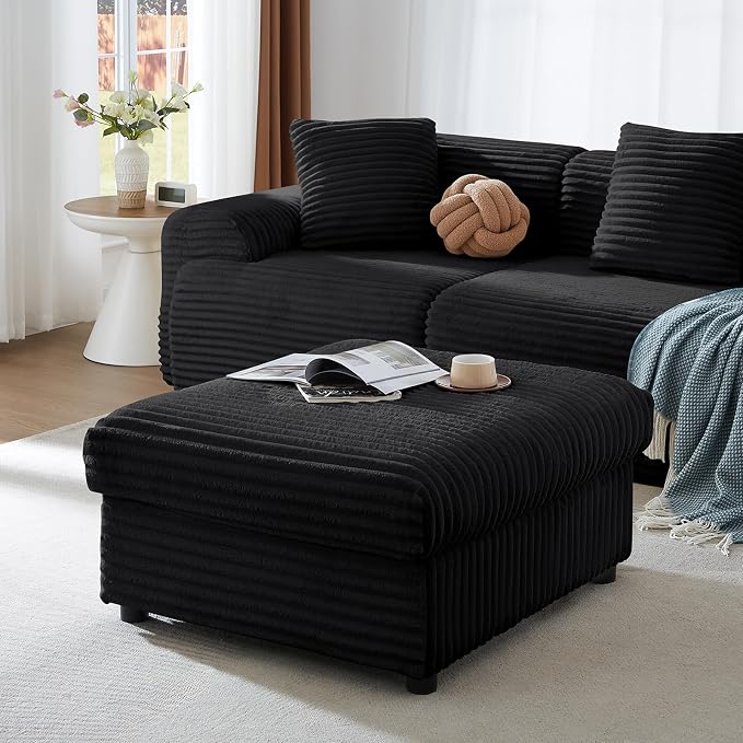 35" Corduroy Ottoman with Storage, Oversized Storage Ottoman for Living Room, Large Square Ottoman for Sofa Couch, Black