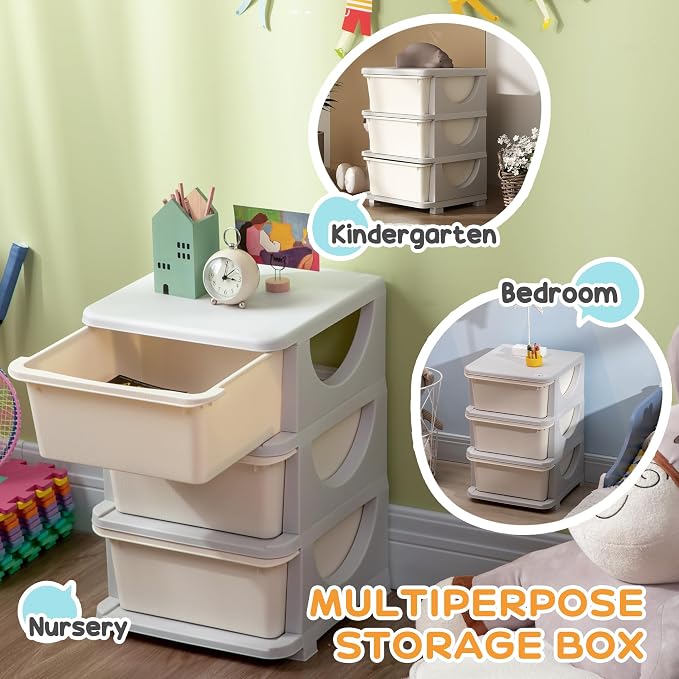 Qaba 3 Drawers Kids Storage Unit, 3 Tier Stackable Toy Organizers and Storage Chest for Bedroom, Nursery, Playroom, Living Room, Boys, Girls, Toddlers, Cream White