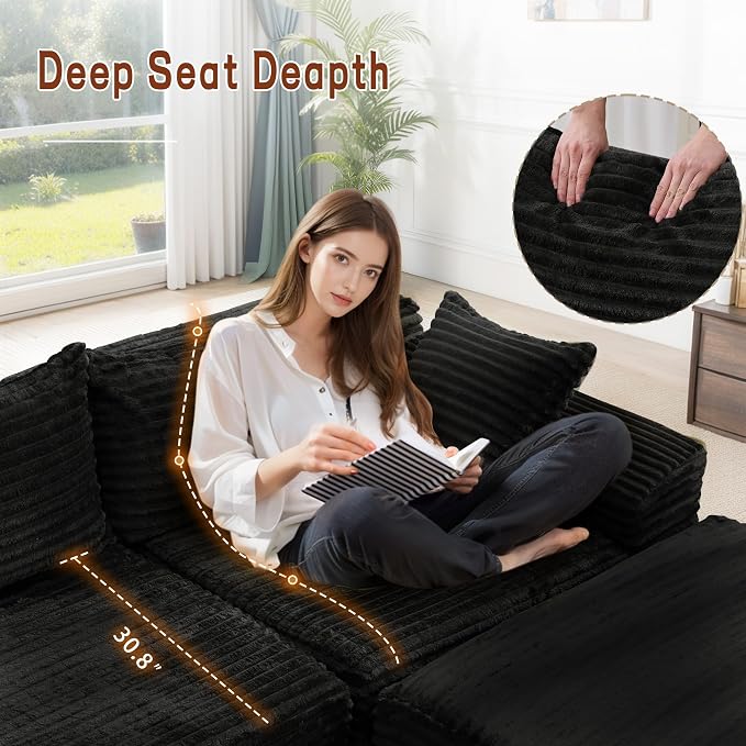 Korser 108" L-Shaped Modular Sectional Sofa with Chaise, Boneless Comfy Corduroy Fluffy Couch with Deep Seat and Side Pockets, Flexible Module Combination for Living Room, No Assembly, Side Pockets