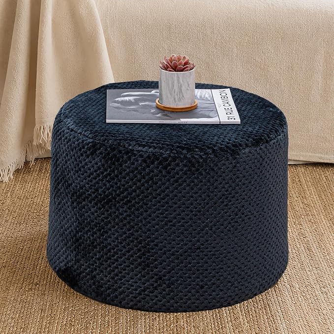 Poofieotto 20"x14" Round Foam Stuffed Pouf Ottoman - Modern Floor Foot Rest & Seating for Living Room, Bedroom, or Couch - Stylish Home Decor Accent (Navy)