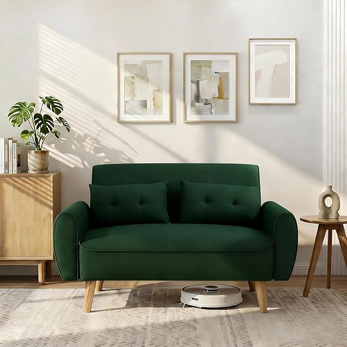 Shintenchi 48'' Loveseat Sofa, Mid-Century Modern Upholstered Couch Deep Seat with 2 Pillows, 10" Thick Cushion with Spring, Solid Wood Frame Small Couch for Living Room, Dorms & Office, Green