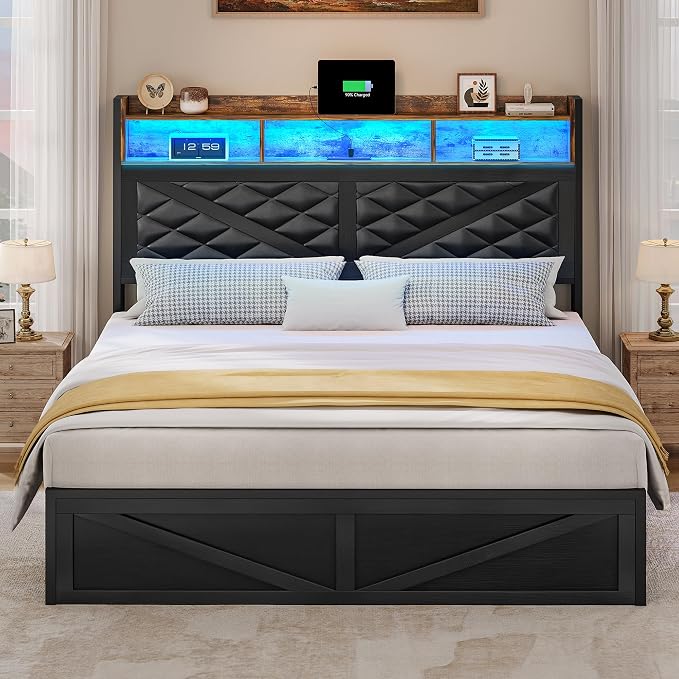 YITAHOME Queen Size Bed Frame with Storage Headboard and Large Under Bed Storage, Upholstered Platform with Charging Station and LED Light, No Box Spring Needed, Noise Free, Charcoal Black
