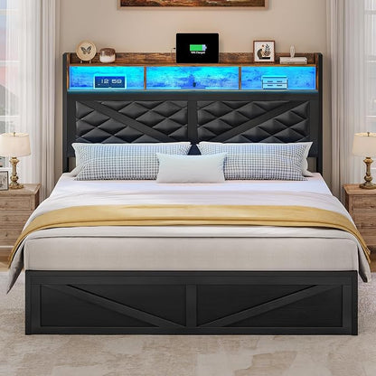 YITAHOME Queen Size Bed Frame with Storage Headboard and Large Under Bed Storage, Upholstered Platform with Charging Station and LED Light, No Box Spring Needed, Noise Free, Charcoal Black