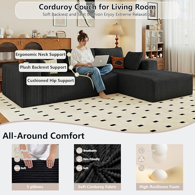 95" Cloud Sectional Couch with L-Shape Chaise, Modular Comfy Sofa Chaise Longue, Upholstered Corduroy Couches Sleeper with Deep Seat for Living Room Bedroom, No Assembly Required(Black, Right Facing)
