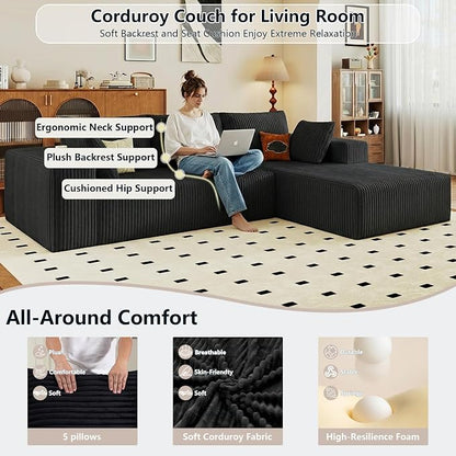 95" Cloud Sectional Couch with L-Shape Chaise, Modular Comfy Sofa Chaise Longue, Upholstered Corduroy Couches Sleeper with Deep Seat for Living Room Bedroom, No Assembly Required(Black, Right Facing)