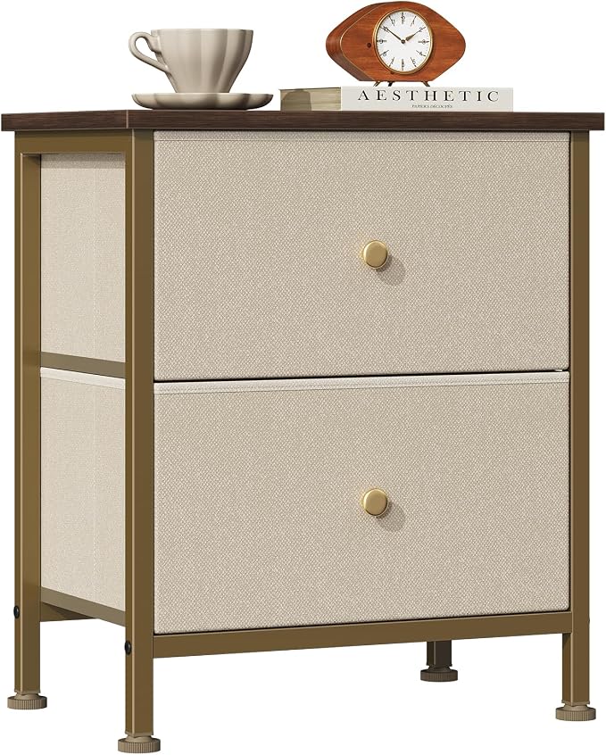 Sweetcrispy Nightstand with 2 Storage Drawers, Small Bedside Table, Khaki | 20" Height End Table, Wooden Top Fabric Cabinet for Bedroom, Furniture, Closet, College Dorm