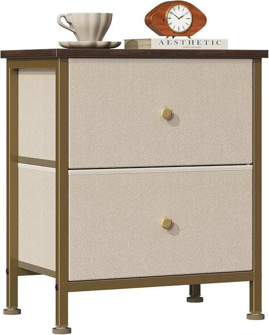 Sweetcrispy Nightstand with 2 Storage Drawers, Small Bedside Table, Khaki | 20" Height End Table, Wooden Top Fabric Cabinet for Bedroom, Furniture, Closet, College Dorm