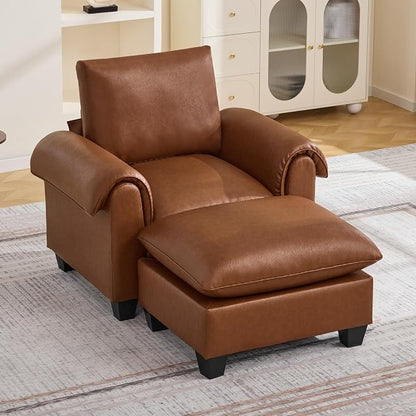 44.5" Faux Leather Oversized Single Sofa with Movable Ottoman, Accent Chair with Curved Armrests, Cloud Modern Sofa Upholstered Reading Lounge Armchair for Living Room, Bedroom，Brown