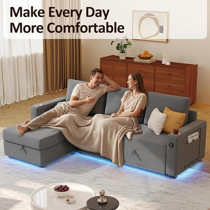 Ball & Cast 80" Sectional Sleeper Sofa Bed Pull Out Couches for Living Room | L Shaped Convertible Pull Out Sofa Bed with Storage Chaise, LED Lights, Foldable Table, USB Ports, Cup Holder and Side Pocket