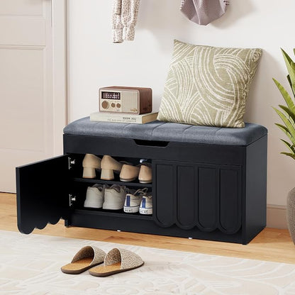 ORRD Shoe Storage Bench with Cushion, Entryway Shoe Cabinet Bench with 2 Scalloped Doors & Adjustable Shelf, 2-Tier Shoe Rack Organizer Cabine for Entryway, Hallway, Living Room (Black)