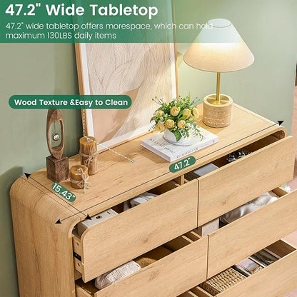 Standifurno 47’’ Wide Dresser for Bedroom, Double Dresser with 6 Drawers, Storage Drawer of handleless, Chest of Drawers for Closet & Living Room (Natural)