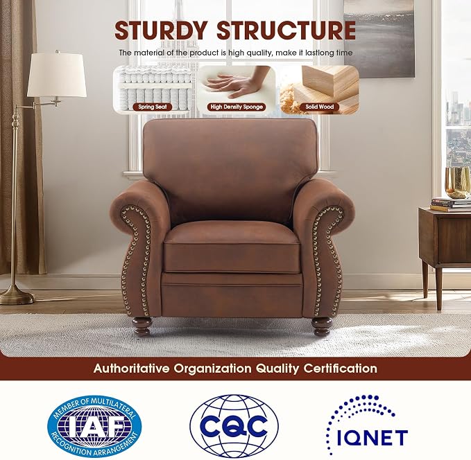 Couchus Vintage Accent Chair with Rivet Decoration, Traditional Upholstered Armchair, Living Room Chair, Rustic Single Sofa Chair for Bedroom, Reading Room & Office(Caramel Rust, Single)