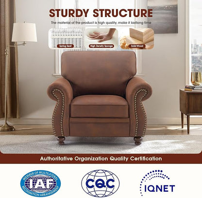 Couchus Vintage Accent Chair with Rivet Decoration, Traditional Upholstered Armchair, Living Room Chair, Rustic Single Sofa Chair for Bedroom, Reading Room & Office(Caramel Rust, Single)