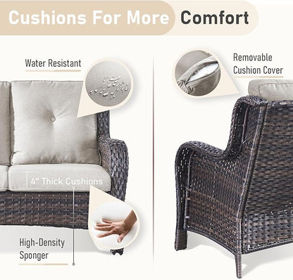 Outdoor Loveseat Sofa - 3 Piece Patio Furniture with Ottoman Deep Seating Patio Couch for Porch Deck Garden Backyard - Brown/Beige