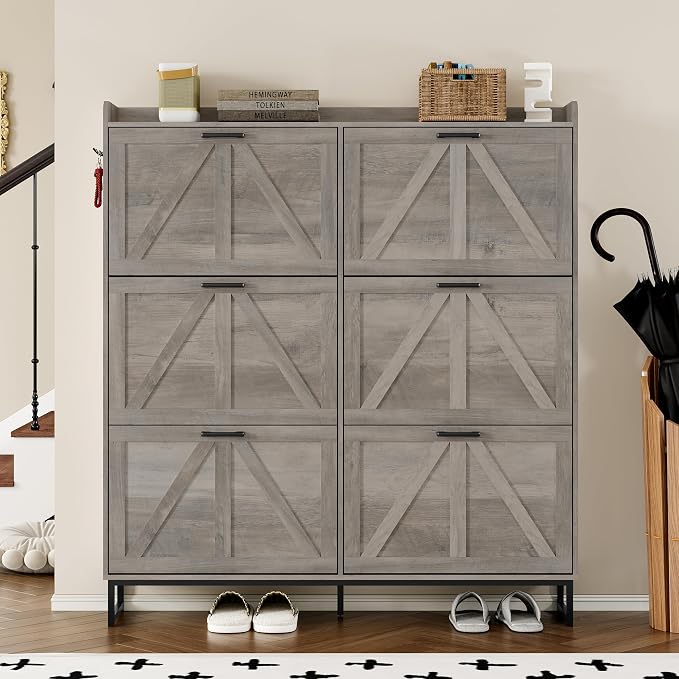 BORNOON Shoe Cabinet with 6 Flip Drawers Narrow Shoe Storage Cabinet Organizer Wooden Freestanding Shoe Rack Hidden Slim Shoes Storage Cabinet for Entryway, Hallway, Living Room, Bedroom