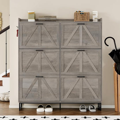 BORNOON Shoe Cabinet with 6 Flip Drawers Narrow Shoe Storage Cabinet Organizer Wooden Freestanding Shoe Rack Hidden Slim Shoes Storage Cabinet for Entryway, Hallway, Living Room, Bedroom