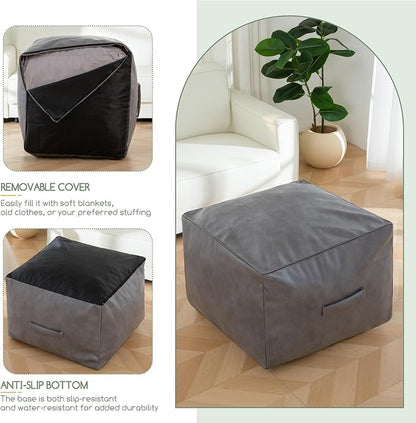 HIGOGOGO Square Stuffed Pouf Ottoman, Pu Leather Poufs with Foam Chunk Filling, Furry and Fluffy Pouf Foot Stool Storage Ottoman,26x18 Inches Floor Poufs Foot Rest for Living Room, Grey