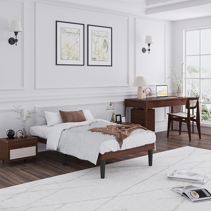 Yumori 12.9 Inch Minimalist Style Twin Size Bed Frame, Wood Platform Bed with Wood Slat Support, No Box Spring Needed, Easy Assembly, Walnut