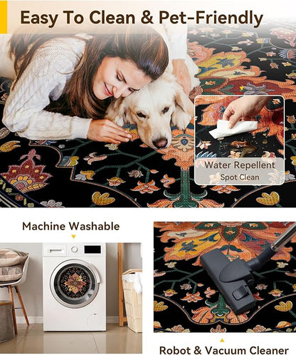 RELEANY Area Rugs Round 10ft Washable Non-Slip, Floral Vintage Distress Medallion Carpet for Living Room Bedroom Dining Room, Black Colorful Floral Dark Tan