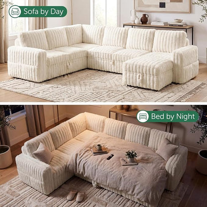 HONBAY Plush Corduroy Modular Sectional Sofa with Pull Out Bed, Convertible U Shaped Couch with Storage,Sleeper Sectional Couches for Living Room,Plush Beige